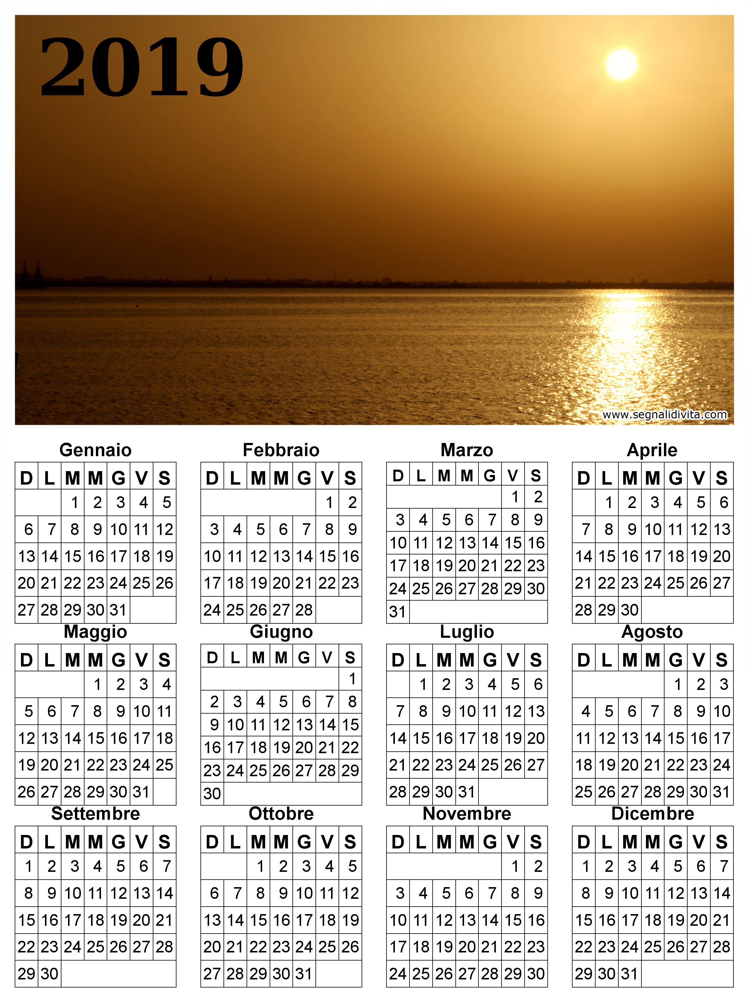 Calendario del 2019 tramonto