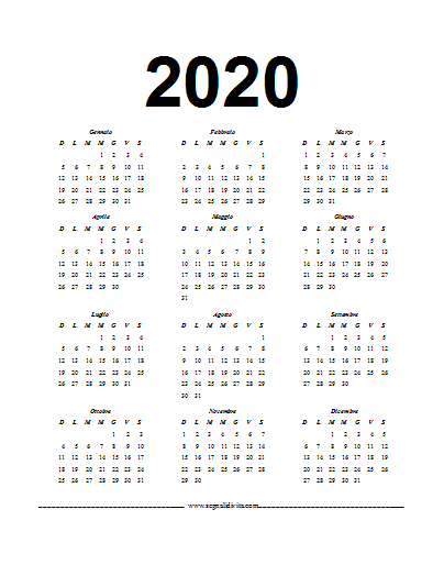 Calendario in formato o file PDF del 2020