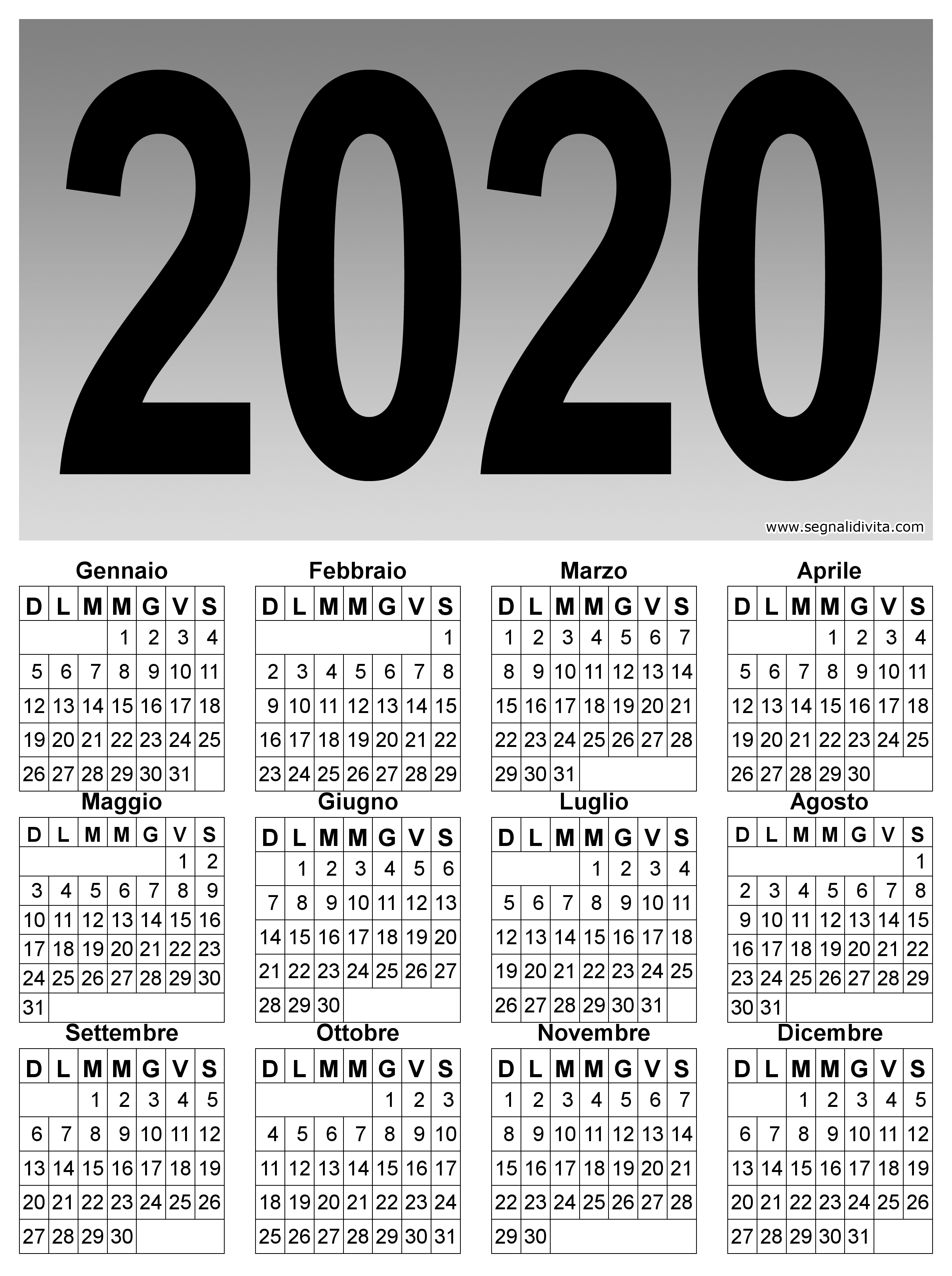 Calendario 2020 extra large: 2500 x 3350 pixel