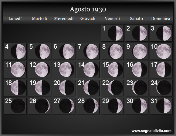 Calendario Lunare Agosto 1930 :: Fasi Lunari