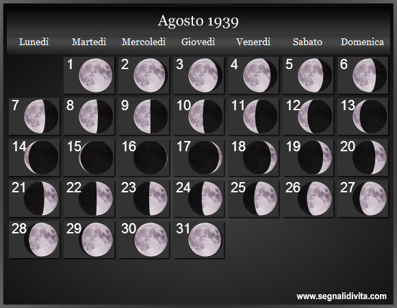 Calendario Lunare Agosto 1939 :: Fasi Lunari