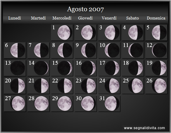 Calendario Lunare Agosto 2007 :: Fasi lunari
