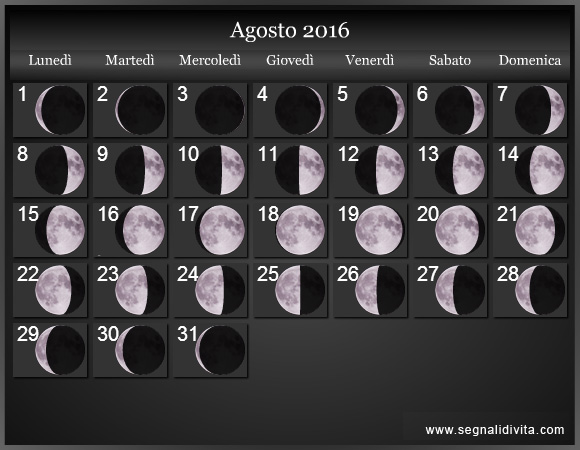 Calendario Lunare Agosto 2016 :: Fasi Lunari