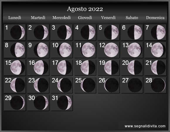 Calendario Lunare Agosto 2022 :: Fasi Lunari