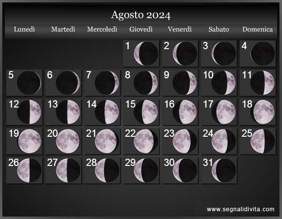 Calendario Lunare Agosto 2024 :: Fasi Lunari