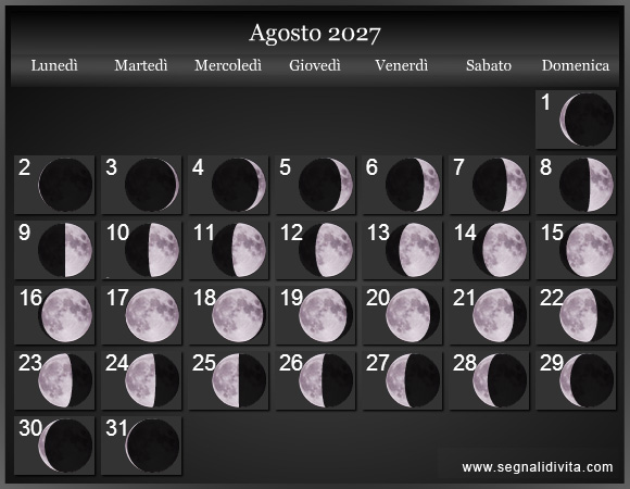 Calendario Lunare Agosto 2027 :: Fasi lunari