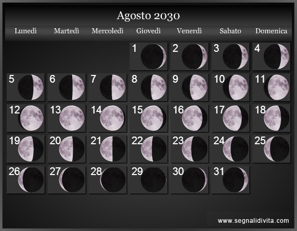 Calendario Lunare Agosto 2030 :: Fasi lunari