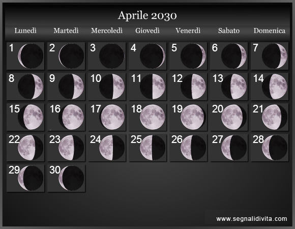 Calendario Lunare Aprile 2030 :: Fasi lunari