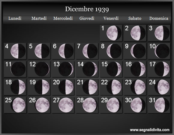 Calendario Lunare Dicembre 1939 :: Fasi Lunari