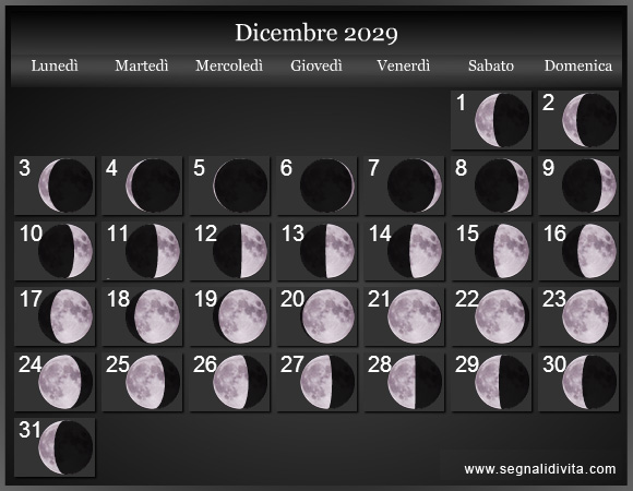 Calendario Lunare Dicembre 2029 :: Fasi lunari