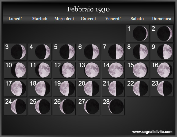 Calendario Lunare Febbraio 1930 :: Fasi Lunari
