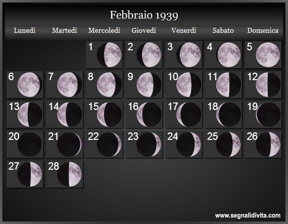 Calendario Lunare Febbraio 1939 :: Fasi Lunari