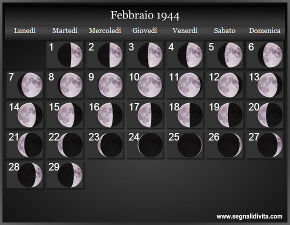 Calendario Lunare Febbraio 1944 :: Fasi Lunari