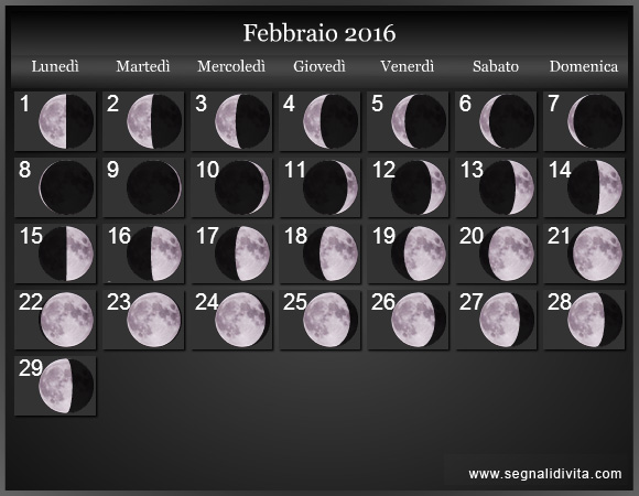 Calendario Lunare Febbraio 2016 :: Fasi Lunari