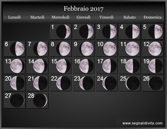 Calendario Lunare Febbraio 2017 :: Fasi Lunari