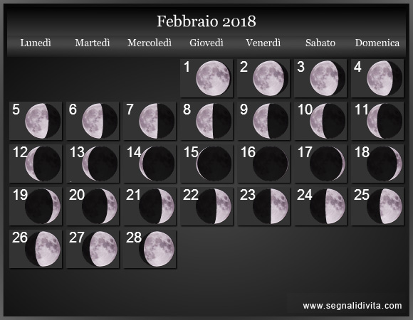 Calendario Lunare Febbraio 2018 :: Fasi Lunari