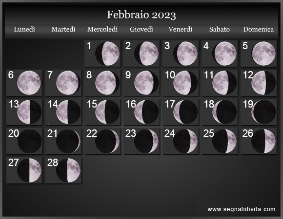 Calendario Lunare Febbraio 2023 :: Fasi Lunari
