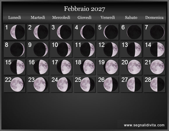 Calendario Lunare Febbraio 2027 :: Fasi lunari