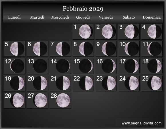 Calendario Lunare Febbraio 2029 :: Fasi lunari