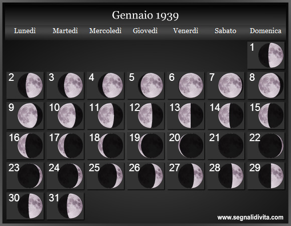 Calendario Lunare Gennaio 1939 :: Fasi Lunari