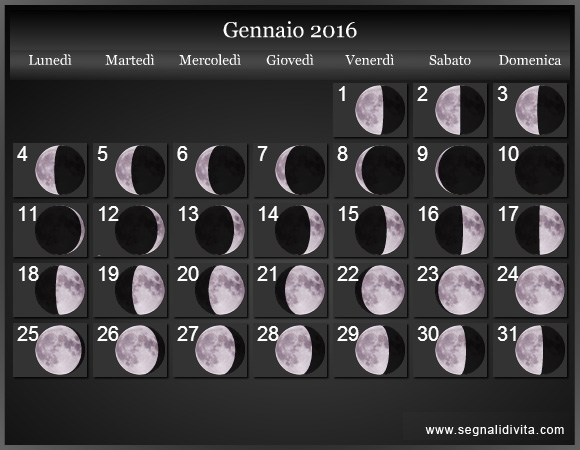 Calendario Lunare Gennaio 2016 :: Fasi Lunari