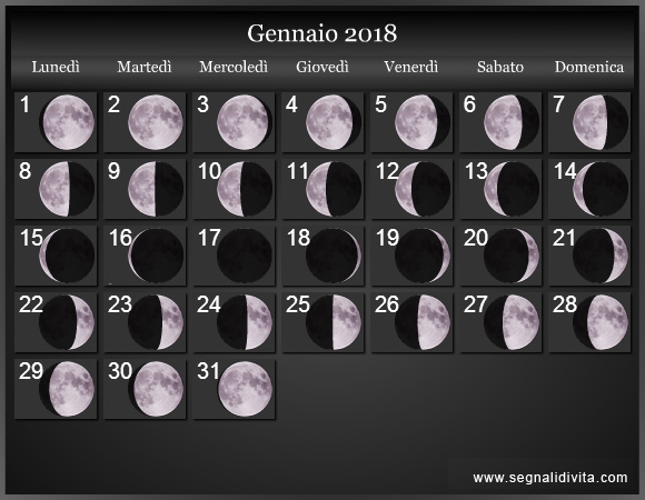 Calendario Lunare Gennaio 2018 :: Fasi Lunari