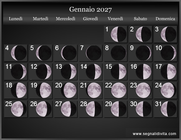 Calendario Lunare Gennaio 2027 :: Fasi lunari