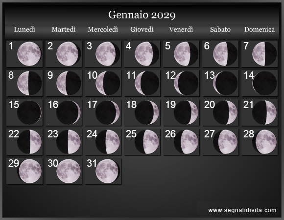 Calendario Lunare Gennaio 2029 :: Fasi lunari