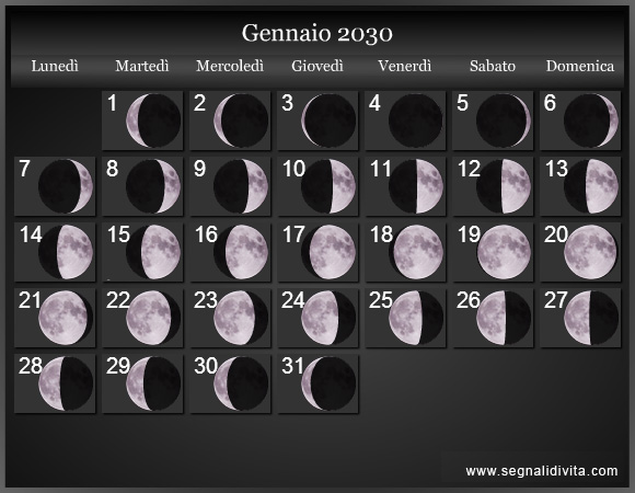 Calendario Lunare Gennaio 2030 :: Fasi lunari
