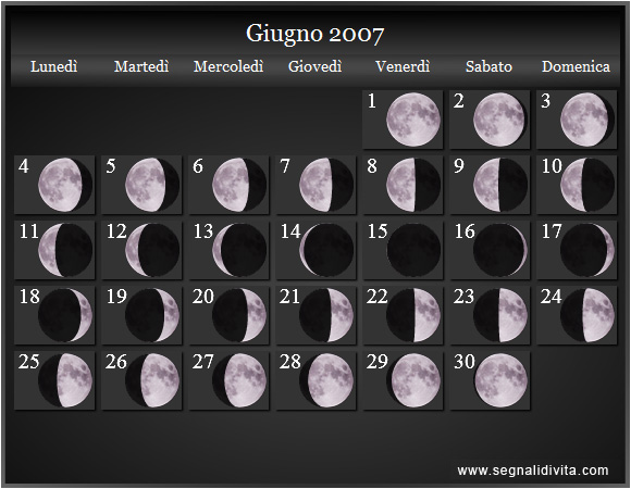 Calendario Lunare Giugno 2007 :: Fasi lunari