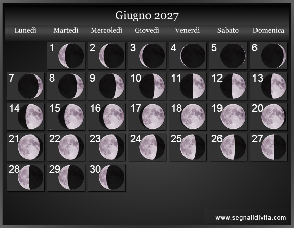 Calendario Lunare Giugno 2027 :: Fasi lunari