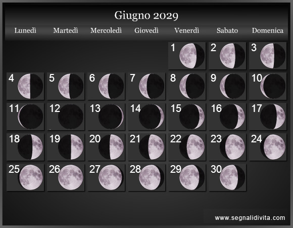 Calendario Lunare Giugno 2029 :: Fasi lunari