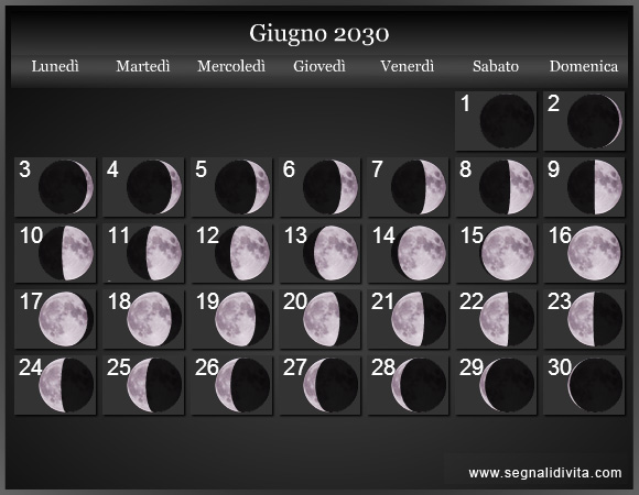 Calendario Lunare Giugno 2030 :: Fasi lunari