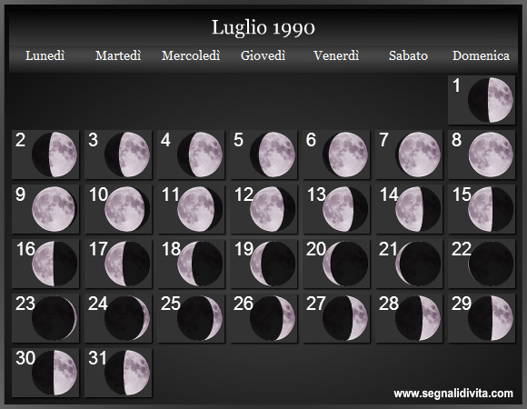 Calendario Lunare Luglio 1990 :: Fasi Lunari