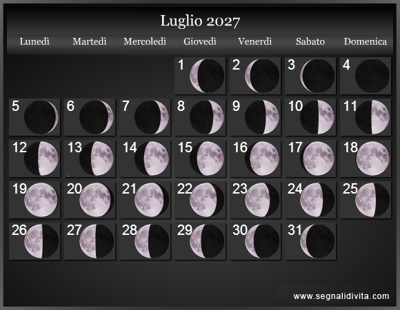 Calendario Lunare Luglio 2027 :: Fasi lunari