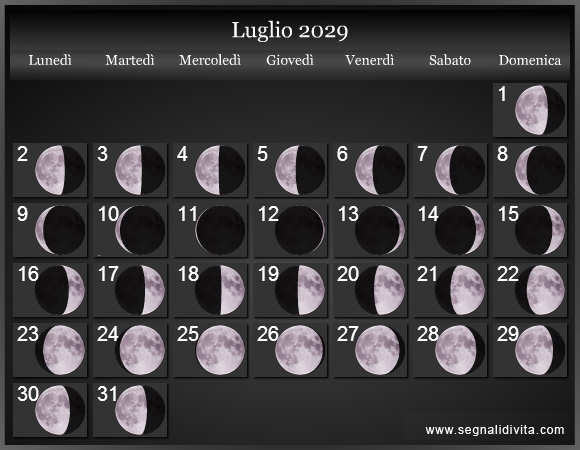 Calendario Lunare Luglio 2029 :: Fasi lunari