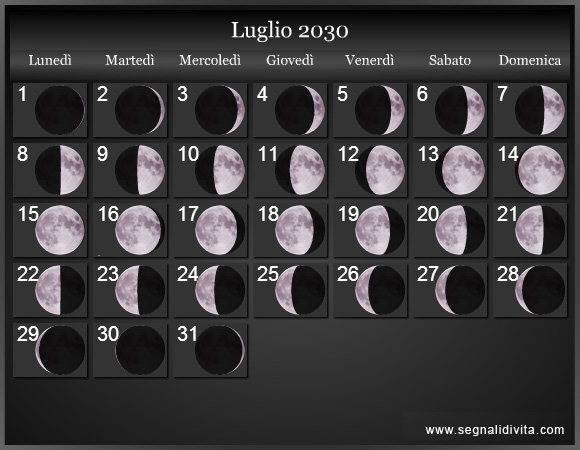 Calendario Lunare Luglio 2030 :: Fasi lunari