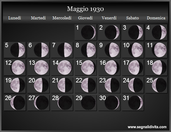 Calendario Lunare Maggio 1930 :: Fasi Lunari