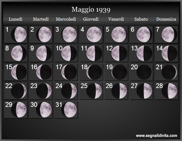 Calendario Lunare Maggio 1939 :: Fasi Lunari