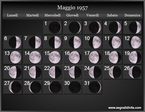 Calendario Lunare Maggio 1957 :: Fasi Lunari