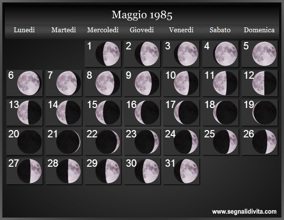 Calendario Lunare Maggio 1985 :: Fasi Lunari