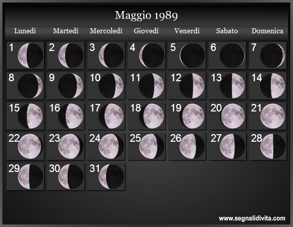 Calendario Lunare Maggio 1989 :: Fasi Lunari