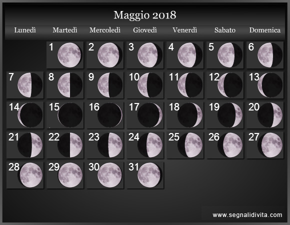 Calendario Lunare Maggio 2018 :: Fasi Lunari