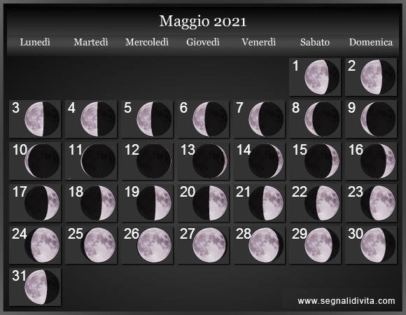 Calendario Lunare Maggio 2021 :: Fasi Lunari
