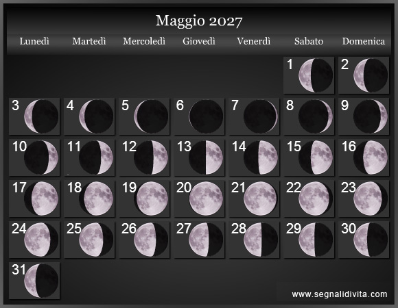 Calendario Lunare Maggio 2027 :: Fasi lunari