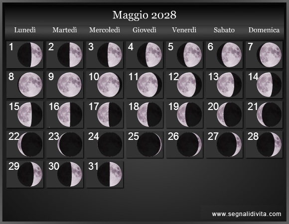 Calendario Lunare Maggio 2028 :: Fasi lunari