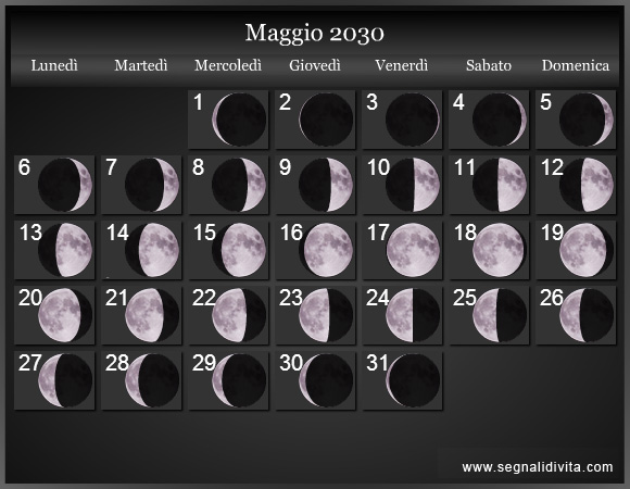 Calendario Lunare Maggio 2030 :: Fasi lunari