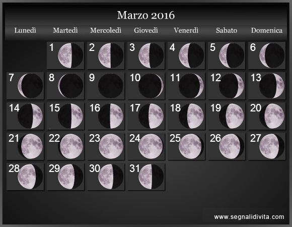 Calendario Lunare Marzo 2016 :: Fasi Lunari