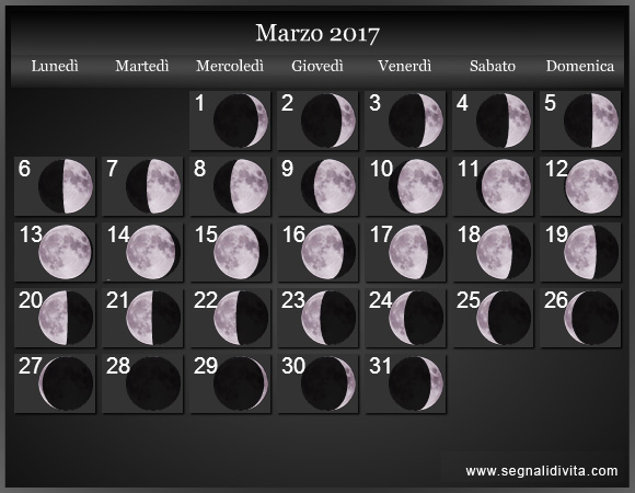 Calendario Lunare Marzo 2017 :: Fasi Lunari