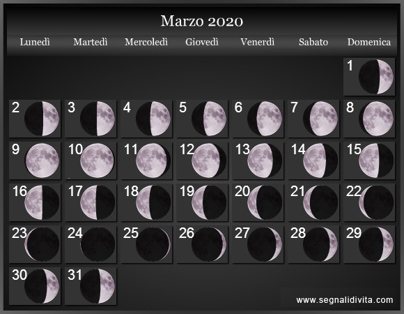 Calendario Lunare Marzo 2020 :: Fasi Lunari